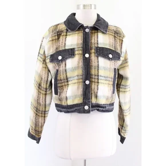 For All Mankind Seven Fuzzy Plaid Mixed Media Denim Cropped Jacket Size S